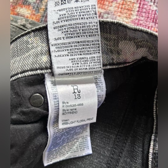 R13 Printed Boyfriend Jeans Faded Black Floral with Leopard Print Cutouts Sz 28 - Picture 7 of 7